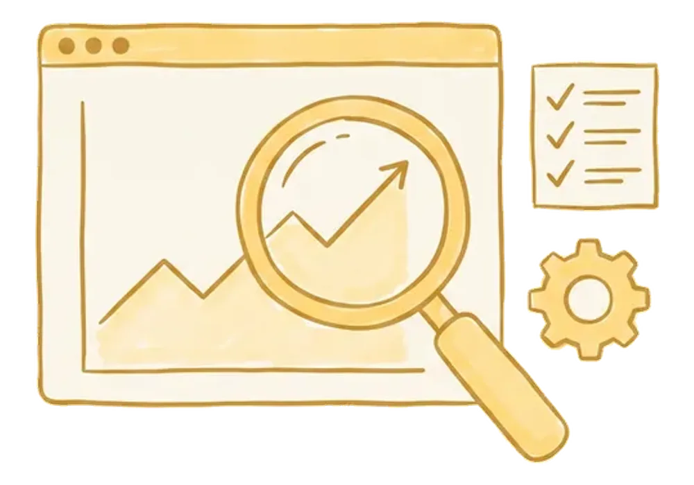 Hand-drawn illustration of a digital audit: a magnifying glass over a browser growth chart beside a checklist and a settings gear