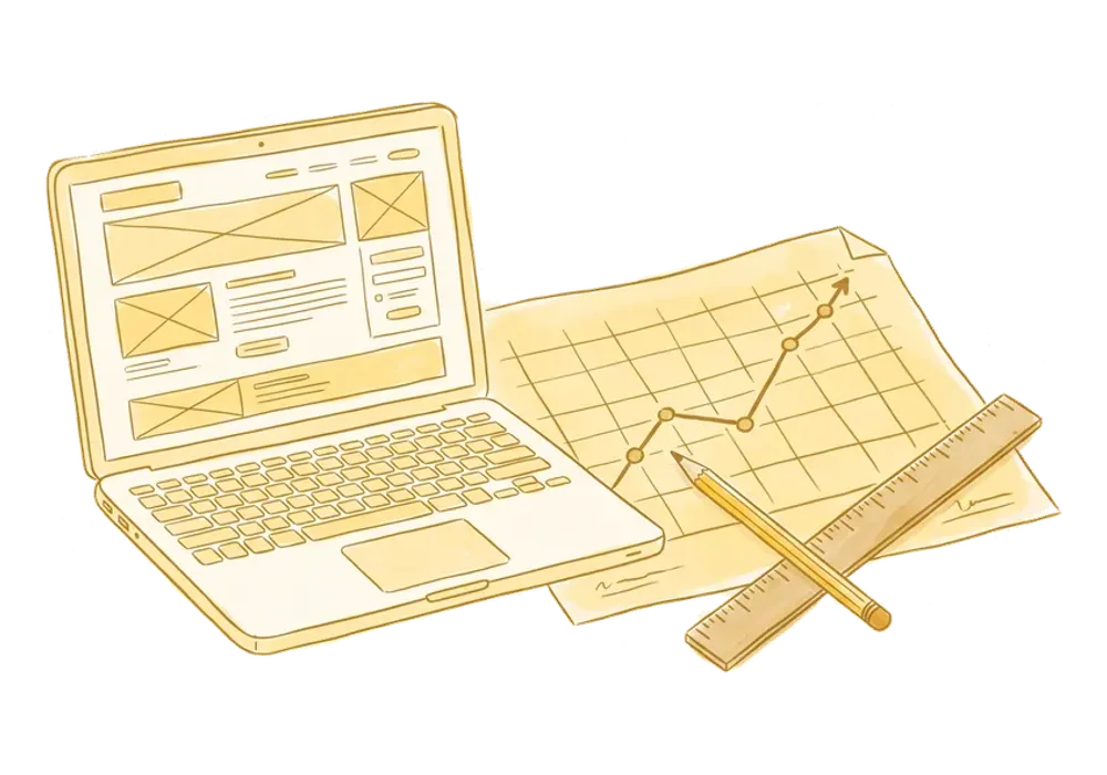 Hand-drawn illustration of strategy and development: a laptop showing a website wireframe beside a blueprint with a plotted growth path, pencil and ruler