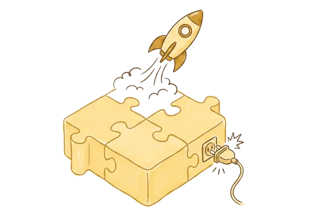 Hand-drawn illustration of integration and launch: jigsaw puzzle pieces clicking together with a rocket lifting off and a plug connecting to a socket