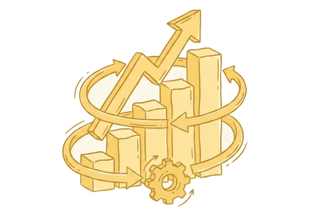Hand-drawn illustration of continuous optimisation and scale: refinement-loop arrows circling a rising bar chart with an upward trend arrow and a turning gear